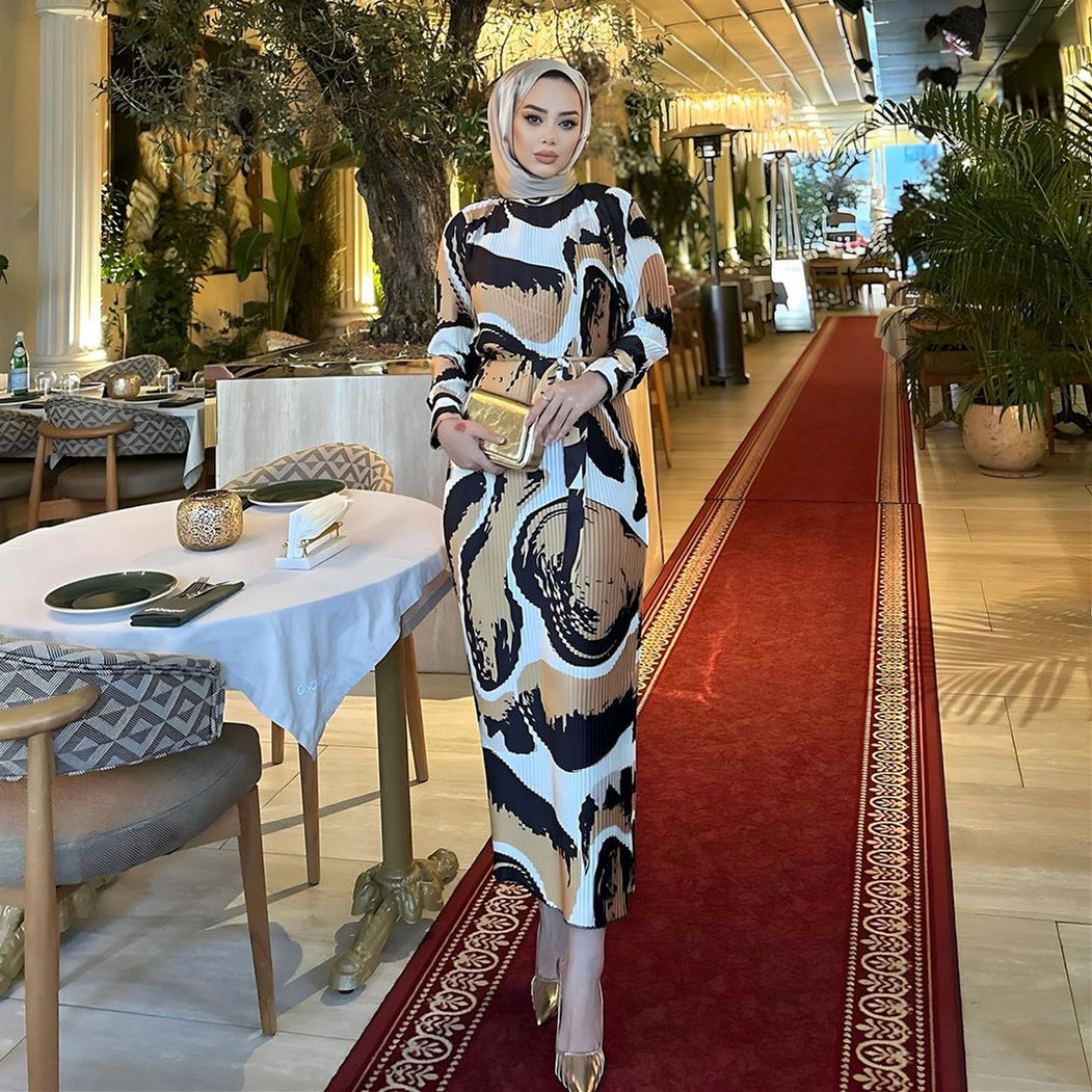 Fashionable women's clothing Middle Eastern Arabic print pleated dress long skirt
