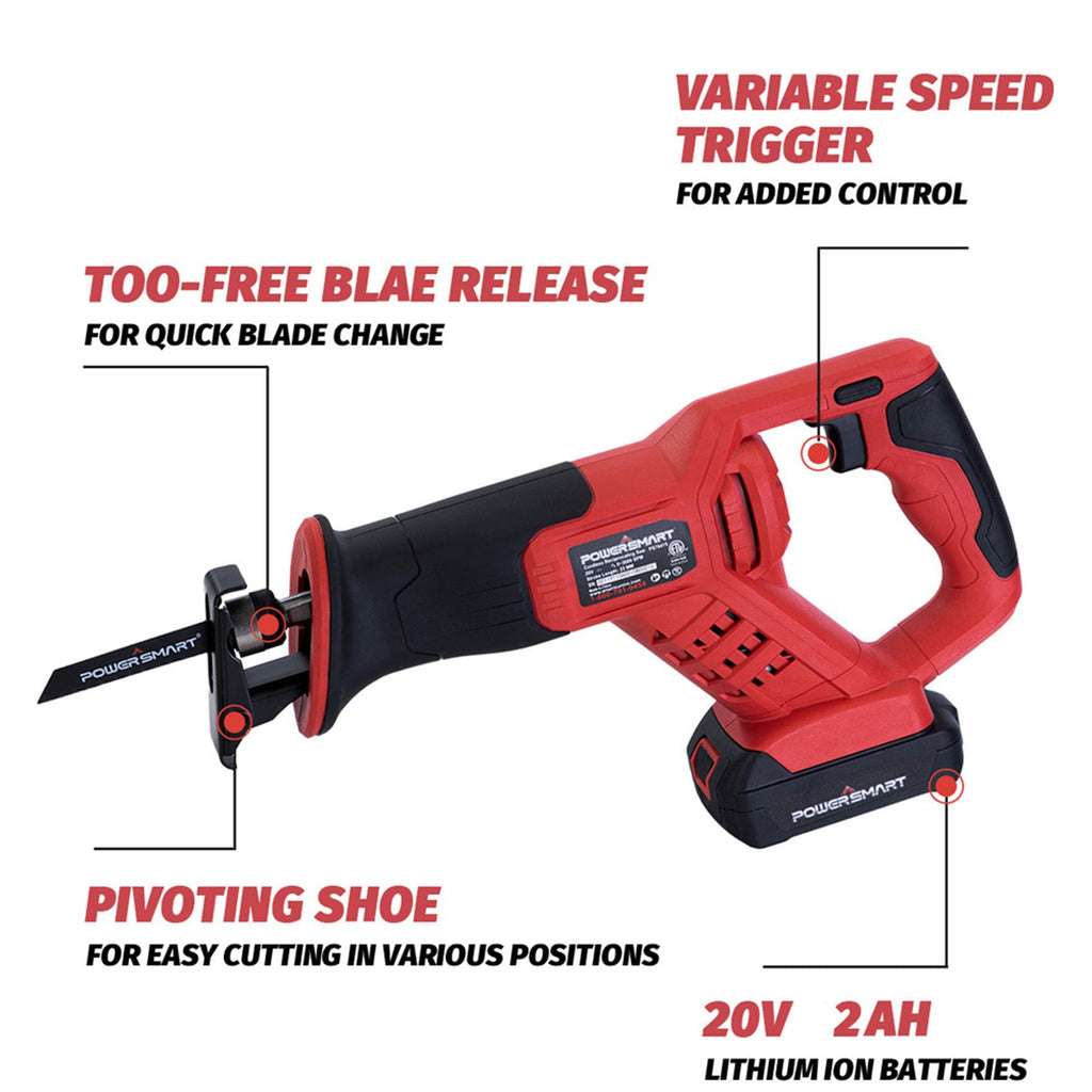 Cordless Reciprocating Saw with 20V 2.0Ah Battery and Charger for Wood, Metal PVC Cutting PS76415A